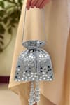 Buy_SG Collection By Sonia Gulrajani_Silver Mirrors, Tassels Sitara Mirrorwork Raw Silk Potli Bag With Chain _at_Aza_Fashions