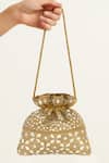 SG Collection By Sonia Gulrajani_Gold Mirrors, Tassels, Embroidery Noor Mirrorwork Floral Potli Bag _Online_at_Aza_Fashions