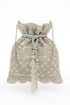 Shop_SG Collection By Sonia Gulrajani_Silver Pearls, Mirrors, Beads, Tassels Celene Pearl, And Beadwork Potli Bag _at_Aza_Fashions