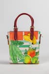 Shop_The Garnish Company_Peach Sequins, Embroidery Melona Mango And Banana Print Dual Strap Tote Bag _at_Aza_Fashions