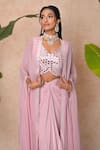 Shop_Vridhi Somaani_Pink Crepe, Net Mirrors V-, Open Ayna Work Blouse And Skirt Set _Online_at_Aza_Fashions