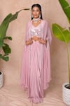 Vridhi Somaani_Pink Crepe, Net Mirrors V-, Open Ayna Work Blouse And Skirt Set _at_Aza_Fashions