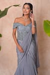 Buy_Vridhi Somaani_Gray Crepe, Net Embroidery, Beads, Sequins Juliet Pre-draped Saree And Corset Set _Online_at_Aza_Fashions