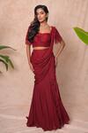 Buy_Vridhi Somaani_Maroon Chiffon, Net Beads, Embroidery Nysa Pre-draped Saree With Blouse _at_Aza_Fashions