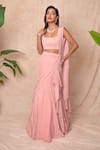 Shop_Vridhi Somaani_Pink Crepe, Net Embroidery Square Sylvie Pre-draped Saree With Ruched Blouse _Online_at_Aza_Fashions