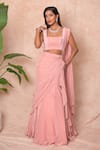 Buy_Vridhi Somaani_Pink Crepe, Net Embroidery Square Sylvie Pre-draped Saree With Ruched Blouse _at_Aza_Fashions