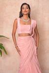 Shop_Vridhi Somaani_Pink Crepe, Net Embroidery Square Sylvie Pre-draped Saree With Ruched Blouse 