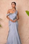 Vridhi Somaani_Gray Chiffon, Net Embroidery, Stones One Shoulder Grace Draped Gown _Online_at_Aza_Fashions