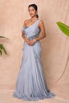 Buy_Vridhi Somaani_Gray Chiffon, Net Embroidery, Stones One Shoulder Grace Draped Gown 