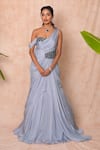 Buy_Vridhi Somaani_Gray Chiffon, Net Embroidery, Stones One Shoulder Grace Draped Gown _at_Aza_Fashions