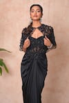 Shop_Vridhi Somaani_Black Satin, Net Beads, Sequins, Embroidery Open Neck, Mindy Cape And Skirt Set _Online_at_Aza_Fashions