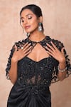 Vridhi Somaani_Black Satin, Net Beads, Sequins, Embroidery Open Neck, Mindy Cape And Skirt Set _at_Aza_Fashions