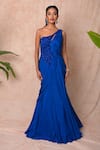 Shop_Vridhi Somaani_Blue Chiffon, Net Embroidery, Beads One Shoulder Irene Draped Gown _at_Aza_Fashions