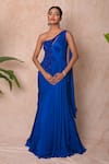 Buy_Vridhi Somaani_Blue Chiffon, Net Embroidery, Beads One Shoulder Irene Draped Gown _at_Aza_Fashions