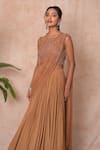 Vridhi Somaani_Brown Crepe, Net Sequins, Embroidery Bella Pre-draped Lehenga Saree With Blouse _Online_at_Aza_Fashions