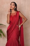 Vridhi Somaani_Red Satin, Georgette, Net Embroidery Round Neck Zara Lehenga Saree With Blouse _Online_at_Aza_Fashions