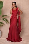 Buy_Vridhi Somaani_Red Satin, Georgette, Net Embroidery Round Neck Zara Lehenga Saree With Blouse _at_Aza_Fashions
