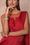 Shop_Vridhi Somaani_Red Satin, Georgette, Net Embroidery Round Neck Zara Lehenga Saree With Blouse _Online_at_Aza_Fashions