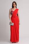 Buy_Koswi_Red Viscose Sequins, Beads Pre-draped Saree With Astract Pattern Blouse _at_Aza_Fashions
