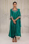 Buy_Myaara_Emerald Green Chanderi Embroidery, Gota Patti V-neck Anarkali Pant Set _at_Aza_Fashions