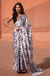 Buy_Naintara Bajaj_White Chinon, Silk V-neck Leaf Print Pre-draped Saree With Blouse _at_Aza_Fashions