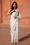 Buy_Naintara Bajaj_Off White Chinon, Brocade V-neck Floral Print Pre-draped Saree With Blouse _at_Aza_Fashions
