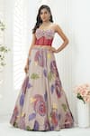 Shop_Priti Sahni_Mauve Georgette, Net Embroidery, Sequins, Beads, Floral Hand Painted Lehenga Set 