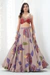 Shop_Priti Sahni_Mauve Georgette, Net Embroidery, Sequins, Beads, Floral Hand Painted Lehenga Set _Online_at_Aza_Fashions