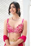 Shop_Priti Sahni_Peach Georgette, Net Embroidery, Sequins, Beads, Flower Hand Painted Lehenga Set _Online_at_Aza_Fashions
