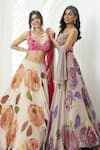 Buy_Priti Sahni_Peach Georgette, Net Embroidery, Sequins, Beads, Flower Hand Painted Lehenga Set 