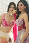 Shop_Priti Sahni_Peach Georgette, Net Embroidery, Sequins, Beads, Flower Hand Painted Lehenga Set 