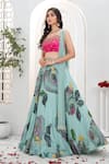 Shop_Priti Sahni_Aqua Georgette, Silk, Net Sequins, Stones, Beads, Bloom Hand Painted Lehenga Set _Online_at_Aza_Fashions