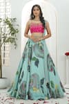 Buy_Priti Sahni_Aqua Georgette, Silk, Net Sequins, Stones, Beads, Bloom Hand Painted Lehenga Set _at_Aza_Fashions