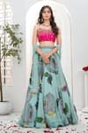 Buy_Priti Sahni_Aqua Georgette, Silk, Net Sequins, Stones, Beads, Bloom Hand Painted Lehenga Set 