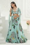 Buy_Priti Sahni_Aqua Georgette, Silk, Tulle Embroidery, Sequins, Garden Hand Painted Lehenga Set _at_Aza_Fashions