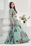 Priti Sahni_Aqua Georgette, Silk, Tulle Embroidery, Sequins, Garden Hand Painted Lehenga Set _at_Aza_Fashions