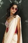 Shop_Priti Sahni_Pink Georgette, Net Embroidery, Sequins, Pre-stitched Saree With Burgundy Corset 