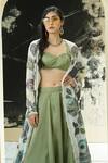 Shop_Priti Sahni_Green Silk, Organza Embroidery, Sequins, Garden Hand Painted Jacket Lehenga Set 