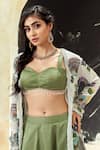 Priti Sahni_Green Silk, Organza Embroidery, Sequins, Garden Hand Painted Jacket Lehenga Set _Online
