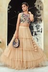 Shop_Priti Sahni_Beige Net Tassels, Embroidery, Sequins, Beads, Pearls Round Ruffle Skirt Set _Online_at_Aza_Fashions