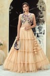 Buy_Priti Sahni_Beige Net Tassels, Embroidery, Sequins, Beads, Pearls Round Ruffle Skirt Set 