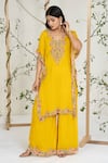 Buy_Ellemora Fashions_Mustard Georgette, Crepe Embroidery V-neck Kaftan With Palazzo _at_Aza_Fashions
