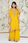 Shop_Ellemora Fashions_Mustard Georgette, Crepe Embroidery V-neck Kaftan With Palazzo _Online_at_Aza_Fashions