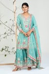 Buy_Ellemora Fashions_Turquoise Chanderi Silk Embroidery, Mirrors V-neck Work Kurta Set _at_Aza_Fashions