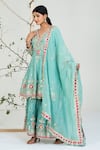 Buy_Ellemora Fashions_Turquoise Chanderi Silk Embroidery, Mirrors V-neck Work Kurta Set _Online_at_Aza_Fashions