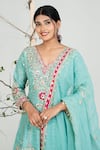 Ellemora Fashions_Turquoise Chanderi Silk Embroidery, Mirrors V-neck Work Kurta Set _at_Aza_Fashions