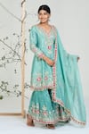 Buy_Ellemora Fashions_Turquoise Chanderi Silk Embroidery, Mirrors V-neck Work Kurta Set 