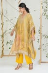 Shop_Ellemora Fashions_Yellow Georgette, Crepe Lace, Embroidery, Pearls V-neck Work Kaftan With Pant _Online_at_Aza_Fashions