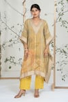Ellemora Fashions_Yellow Georgette, Crepe Lace, Embroidery, Pearls V-neck Work Kaftan With Pant _at_Aza_Fashions