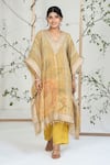 Buy_Ellemora Fashions_Yellow Georgette, Crepe Lace, Embroidery, Pearls V-neck Work Kaftan With Pant _at_Aza_Fashions